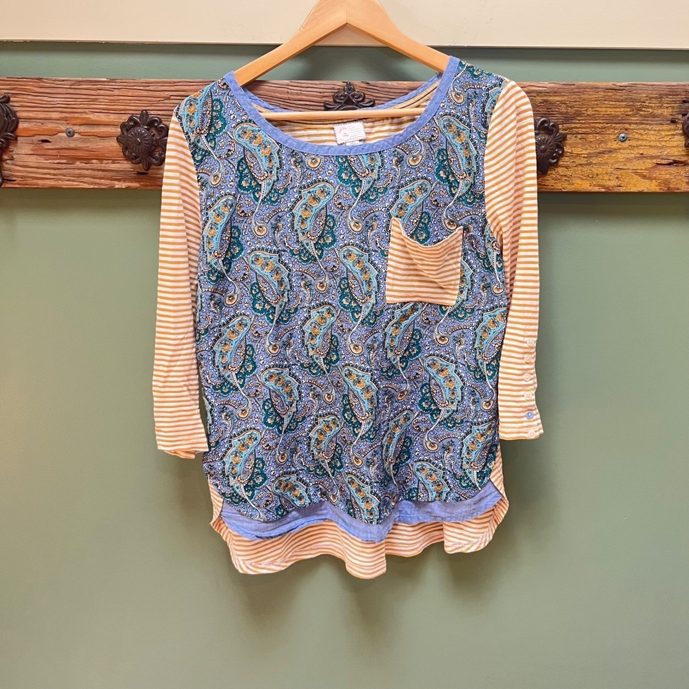 Postmark Anthropologie Mixed Print Paisley Striped Layered Top Blue Yellow L